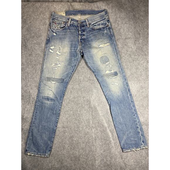 Polo Ralph Lauren Jeans Mens 32 x 30 Blue Sullivan Slim Distressed Patches - Picture 12 of 16